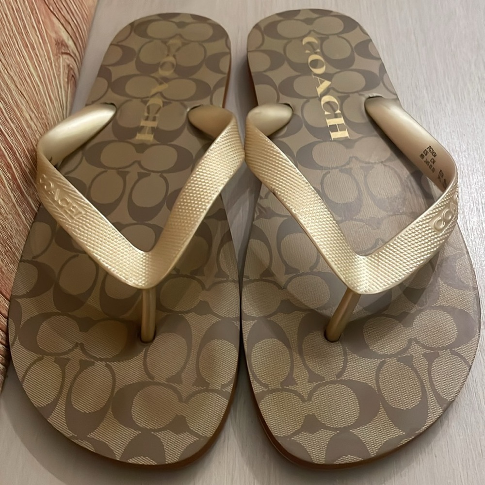 COACH Women's Gold Logo Flip Flop Sandals - Picture 8 of 11